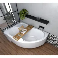 ECOLAM Badewanne Wanne Acrylwanne Eckbadewanne Acryl weiß WELA 150x100 cm LINKS + Bambus Ablage + Schürze Ablaufgarnitur Viega Ab- und Überlauf Automatik Füße Silikon Antirutsch Set