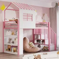MODFU Kinderbett 90x200 mit Mehrstöckiges Stauraumregal Hochbett mit Hohes Schutzgitter Hausdesign Bettgestell mit Stauraumtreppe ohne Matratze Rosa