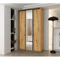 MINIO go for it , Kleiderschrank VADO, 160x235,2x60 cm, 3 Schiebetüren (1 Spiegel), 10 Einlegeböden, 2 Metallstangen, Artisan Eiche
