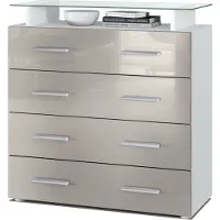 Vladon Sideboard Pavos V2, Kommode mit 4 Schubladen und Glasablage, Weiß matt/Sandgrau Hochglanz (76 x 81 x 35 cm)