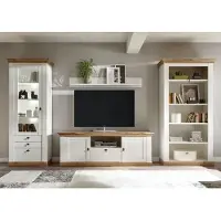 Lomadox Landhaus Wohnwand-Set LINARES-61 in Pinie weiß / Wotan Eiche Nb. mit Bücher-Regal - B/H/T ca.: 397/204/52 cm