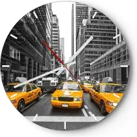 ARTTOR Wanduhr - Rund - Glasuhr - Taxi Stadt Straße Transport - 40x40cm - Schleichendes Uhrwerk - Lautlos - zum Aufhängen bereit - Dekoration Modern - Wanddekoration aus Glas - C3AR40x40-2695