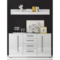 Lomadox Sideboard und Wandboard COLORADO-61 in weiß Hochglanz mit schwarzen Relinggriffen BxHxT: 150x156x42cm