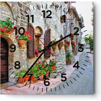 ARTTOR Wanduhr - Quadrat - Glasuhr - Italien Straße Blumen Geschichte - 30x30cm - Schleichendes Uhrwerk - Lautlos - zum Aufhängen bereit - Dekoration Modern - Wanddekoration aus Glas - C4AC30x30-2817