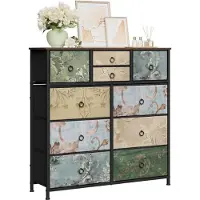 Woltu Kommode mit 10 Schubladen aus Stoff, Sideboard, Metallrahmen, Vintage-Blumenmotiv