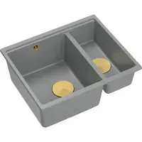 Quadron Spülbecken 1,5-Becken Spüle | Größe: 55,5 x 46 x 22 cm | LOGAN 150 | Unterbauspüle Granitspüle aus GraniteQ mit Siphon | Grau + Golden