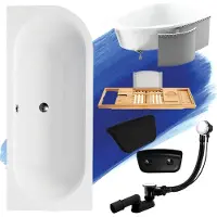 Besco Badewanne Eckwanne Set 5in1 170x75 Links + Ablaufgarnitur und Füßen GRATIS + Styropor + Bambus Holzablage + Kopfstütze in Schwarz | BADLAND AVITA