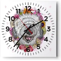 ARTTOR Wanduhr - Quadrat - Glasuhr - Hund Blumen Kinder exotische - 30x30cm - Schleichendes Uhrwerk - Lautlos - zum Aufhängen bereit - Dekoration Modern - Wanddekoration aus Glas - C4AC30x30-3146