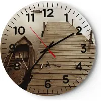 ARTTOR Wanduhr - Rund - Glasuhr - Brücke Boot Sepia - 30x30cm - Schleichendes Uhrwerk - Lautlos - zum Aufhängen bereit - Dekoration Modern - Wanddekoration aus Glas - C4AR30x30-4135