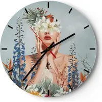 ARTTOR Wanduhr - Rund - Glasuhr - Surreal Frau Blumen - 40x40cm - Schleichendes Uhrwerk - Lautlos - zum Aufhängen bereit - Dekoration Modern - Wanddekoration aus Glas - C3AR40x40-4818