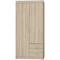 Beautysofa Drehtürenschrank ELENA 2D Eiche Sonoma mit mattsilber Griffe - Kleiderschrank 90 cm mit 3 Schubladen und glatten 2 Türen