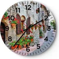 ARTTOR Wanduhr - Rund - Glasuhr - Italien Straße Blumen Geschichte - 40x40cm - Schleichendes Uhrwerk - Lautlos - zum Aufhängen bereit - Dekoration Modern - Wanddekoration aus Glas - C4AR40x40-2817