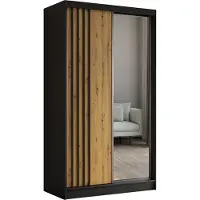 Masseno Schiebetürenschrank NELVIA 120 cm Kleiderschrank Schlafzimmer Schrank 2-türig mit Spiegel und Lamellen Schwarz