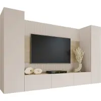 Mirjan 24 Wohnwand Deromi V, Wohnzimmer Möbel Set, Griffloses Öffnungssystem push to open, 4er-Set (Farbe: Sandbeige / Sandbeige + Eiche Cremona)