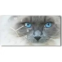 Tulup Wanduhr aus Glas – 60x30 cm - Glasbild - Glasuhr - Gehärtetes Glas - weisse-zeiger - Katze mit blauen Augen