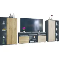 Vladon Wohnwand Davos, Anbauwand bestehend aus 2 Vitrinen und 1 TV-Board, Anthrazit matt/Eiche Natur (329 x 134 x 35 cm)