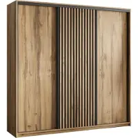 Masseno Schiebetürenschrank VONTE 180/205/60 cm Kleiderschrank mit Lamellen und Schubladen Schlafzimmer Schrank 3-türig Eiche Wotan + Schwarz