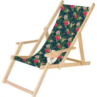 Ferocity Holz Liegestuhl Klappbar Klappliegestuhl mit Armlehne und Getränkehalter Strandstuhl Motiv Palm Dunkel [119]