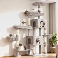 Markenlos XXL Kratzbaum für groß Katzen, 180 cm hoch Stabil Katzenbaum mit rechts erweitert mit 3 gemütlichen Plattformen, 3 Grosse Höhle und 2 Katzenkörbchen, Hellgrau