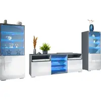 Vladon Wohnwand Granada, Anbauwand bestehend aus 2 Vitrinen und 1 TV-Board, Anthrazit matt/Weiß Hochglanz inkl. LED-Beleuchtung (286 x 122,5 x 35 cm)