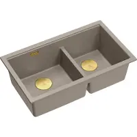 Quadron Spülbecken 2-Becken Spüle | Größe: 78 x 50 x 23,5 cm | LOGAN 120 | Küchenspüle Granitspüle aus GraniteQ mit Siphon | Soft Taupe + Golden PVD