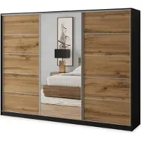 Masseno Schiebetürenschrank NATA 250/205/58 cm Kleiderschrank mit 4 Schubladen Schlafzimmer Schrank 3-türig mit Spiegel Schwarz / Eiche Wotan