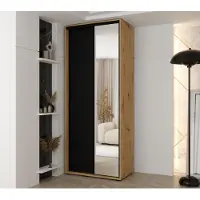MINIO go for it , Kleiderschrank VADO, 110x235,2x45 cm, 2 Schiebetüren (1 Spiegel), 6 Einlegeböden, 2 ausziehbare Metallstangen, Artisan Eiche/Schwarz