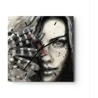 ARTTOR Wanduhr - Quadrat - Glasuhr - Frau Federn Lippen Kunst. - 30x30cm - Schleichendes Uhrwerk - Lautlos - zum Aufhängen bereit - Dekoration Modern - Wanddekoration aus Glas - C3AC30x30-2874