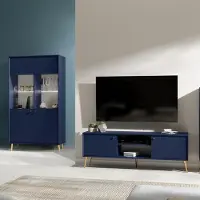 Lomadox Wohnwand blau modern, goldene Füße, Vitrine mit LED Beleuchtung & Lowboard, 2-teilig RIPLEY-166