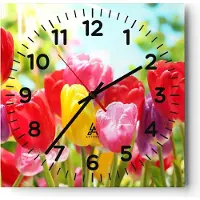 ARTTOR Wanduhr - Quadrat - Glasuhr - Tulpe Blume Garten Plantage - 40x40cm - Schleichendes Uhrwerk - Lautlos - zum Aufhängen bereit - Dekoration Modern - Wanddekoration aus Glas - C4AC40x40-2466