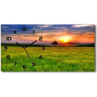 Tulup Wanduhr aus Glas – 60x30 cm - Glasbild - Glasuhr - Gehärtetes Glas - schwarze-zeiger - Sunset Wiese