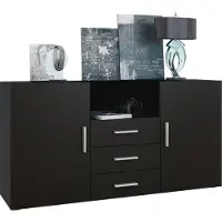 Vladon Sideboard Skadu, Kommode mit 2 Türen, 3 Schubladen und 1 offenem Fach, Schwarz matt/Schwarz matt (138,5 x 71,5 x 35 cm)