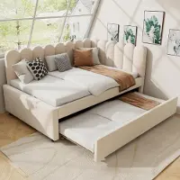 MODFU Schlafsofa mit Matratze 140x200 L-Form mit bettfunktion,Bettgetsell Polsterbett mit Ausziehbett,Tagesbett mit geblümter Rückenlehne,Beige