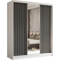 Masseno Schiebetürenschrank LAMELLO 180 cm Kleiderschrank Schlafzimmer Schrank 3-türig mit Spiegel und Lamellen Weiß