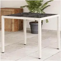 Markenlos Gartentisch Weiß PE-Rattan 90x90x75cm UV-beständig mit Glasplatte