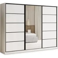Masseno Schiebetürenschrank PINA 250/205/58 cm Kleiderschrank mit 4 Schubladen Schlafzimmer Schrank 3-türig mit Spiegel Weiß