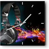 ARTTOR Wanduhr - Quadrat - Glasuhr - Feuer Audio Kopfhörer - 30x30cm - Schleichendes Uhrwerk - Lautlos - zum Aufhängen bereit - Dekoration Modern - Wanddekoration aus Glas - C3AC30x30-2653