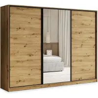 Masseno Schiebetürenschrank TARI 270/205/58 cm Kleiderschrank mit 4 Schubladen Schlafzimmer Schrank 3-türig mit Spiegel Eiche Artisan