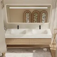Muxing Wandhängendes Badmöbel-Set Travertin-Look mit Sinterstein Doppelwaschbecken Spiegel Unterschrank Ablage 2 Armaturbohrungen 140×55 cm【RW4822-140 K】
