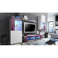 Vladon Wohnwand Movie, Anbauwand bestehend aus 1 TV-Board, 2 Vitrinen und 1 Regal, Weiß matt/Weiß matt/Brombeer Hochglanz, inkl. LED-Beleuchtung blau (Gesamt: 300 x 190 x 39 cm)