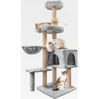 Markenlos Kratzbaum, 145 cm Katzenbaum Kletterbaum, Aktivitätskratzbäum Kletterturm mit Sisalsäulen, Katzenspielzeug, Katzen Höhle, Plattformen, Liegemulde für Katzen Kätzchen, Grau
