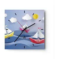 ARTTOR Wanduhr - Quadrat - Glasuhr - Origami boot meer himmel - 30x30cm - Schleichendes Uhrwerk - Lautlos - zum Aufhängen bereit - Dekoration Modern - Wanddekoration aus Glas - C3AC30x30-2964