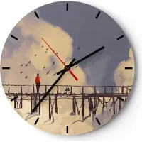 ARTTOR Wanduhr - Rund - Glasuhr - Wolken Brücke Vögel Landschaft - 30x30cm - Schleichendes Uhrwerk - Lautlos - zum Aufhängen bereit - Dekoration Modern - Wanddekoration aus Glas - C3AR30x30-3200