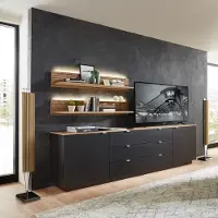 Lomadox TV Sideboard Set mit Wandregalen Fernsehschrank schwarz mit Eiche, Breite 240 cm CUST-36 inkl. LED Beleuchtung