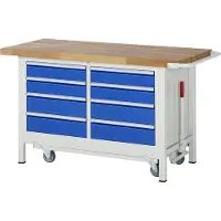 RAU Mobile absenkbare Werkbank mit 8 Schubladen - Vollauszug - 120:4 / 150:4 - 880 x 1.500 x 700 mm (HxBxT) - Traglast 1.250 kg - Buche