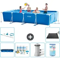 OEM Rechteckiges Schwimmbecken - 450 x 220 x 84 cm - Blauw - Mit Abdeckvorhang - Wartungspaket - Schwimmbeckenpumpe - Filter - Reinigungssatz - Solar Matte