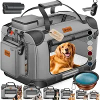 LOVPET Hundebox Hundetransportbox faltbar Inkl.Hundenapf Transporttasche Hundetasche Transportbox für Haustiere, Hunde und Katzen Haustiertransportbox, Hellgrau, XXL