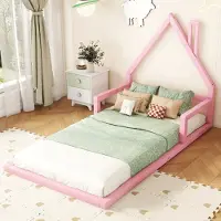 OKWISH Kinderbett mit Matratze 90×200 Jugendbett mit Lattenrost Bodenbett Flachbett Hausformbett,Mit Kaminform,Rosa