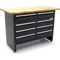 HBM Werkbank 120 cm mit 8 Schubladen, massive Holzarbeitsplatte, schwarz