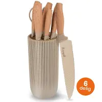 Goliving 6-teiliges Messerset - Messerblock mit Brotmesser, Kochmesser, Fleischmesser & Schere mit Flaschenöffner - Küchengerätehalter - Edelstahl - Braun